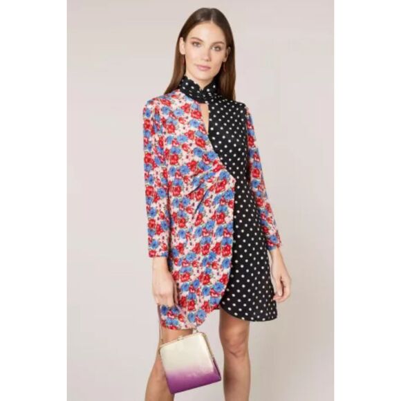 RIXO Womens Wrap Dress XS Black Floral Polka Dot Mixed Print Mini Silk CHERIE - Picture 1 of 11